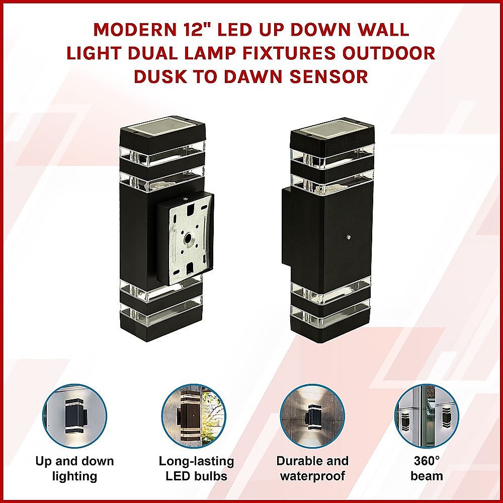 Modern 12 Inch LED Up Down Wall Light Dual Lamp with Dusk to Dawn Sensor