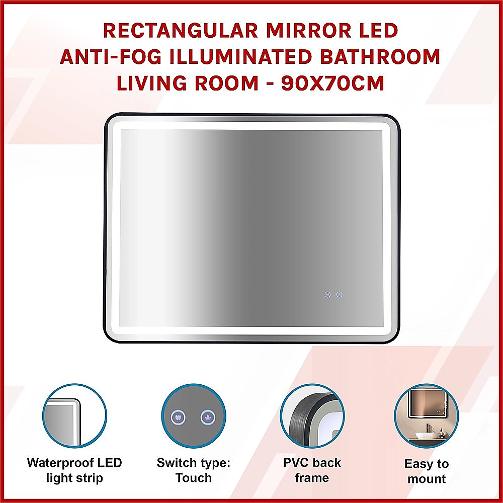 Rectangular Mirror LED Anti-Fog Illuminated Bathroom Living Room - 90x70cm