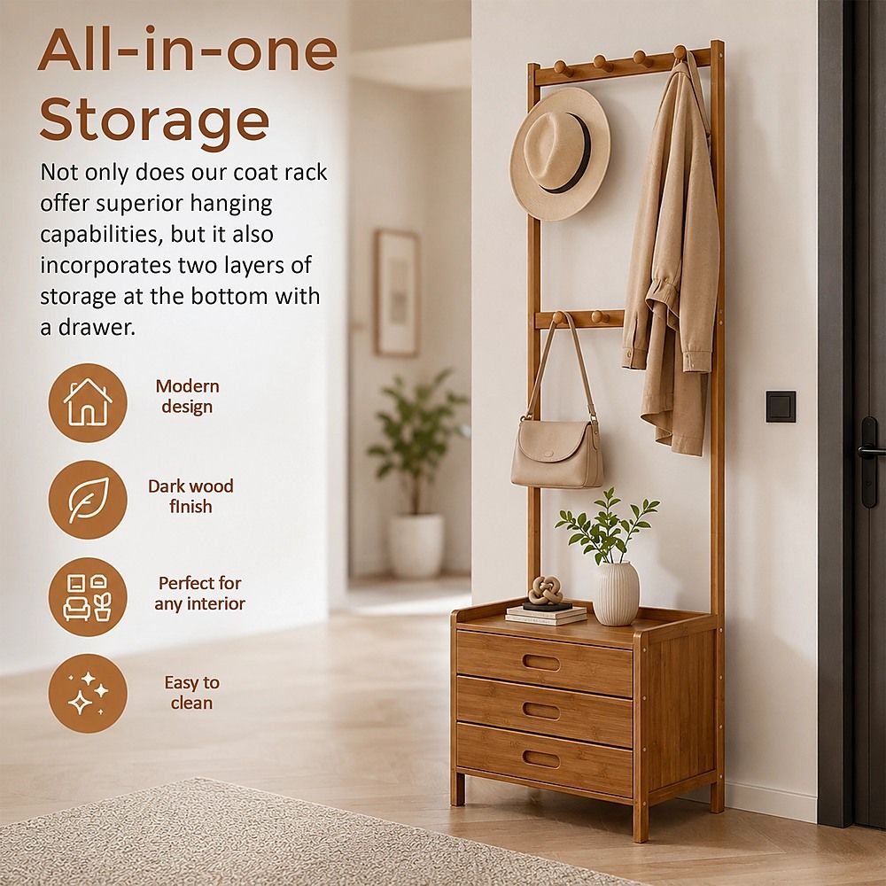 42x165cm Dark Wood Wooden Hall Stand Floor Coat Rack with Drawer Modern Minimalist