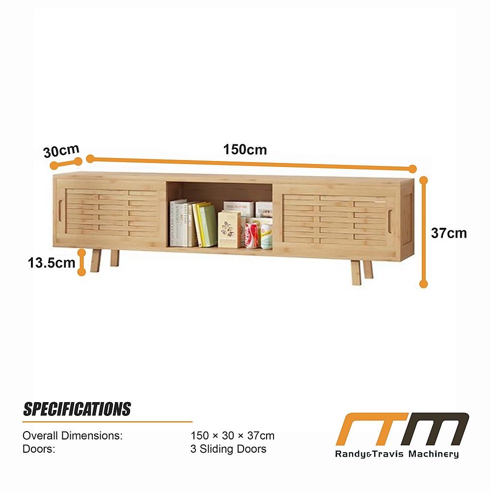 150cm Bamboo TV Cabinet Entertainment Unit with 3 Sliding Doors TV Stand Storage