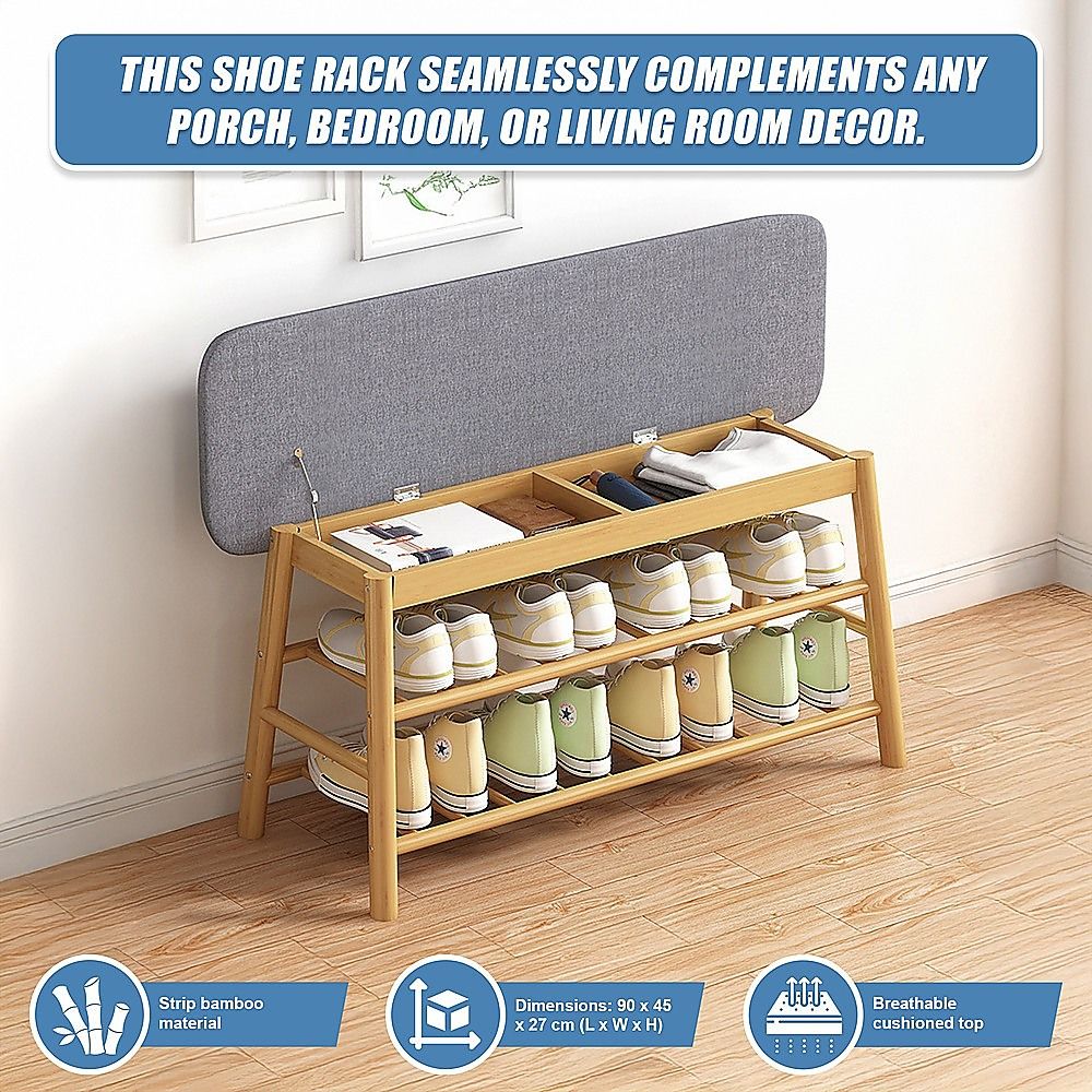Bamboo Shoe Storage Bench Entryway Shoe Rack Cabinet with Cushion Seat & Hidden Storage