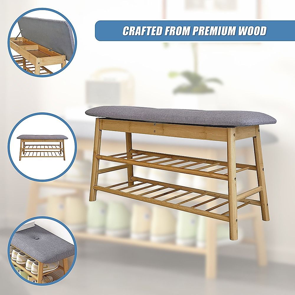 Bamboo Shoe Storage Bench Entryway Shoe Rack Cabinet with Cushion Seat & Hidden Storage