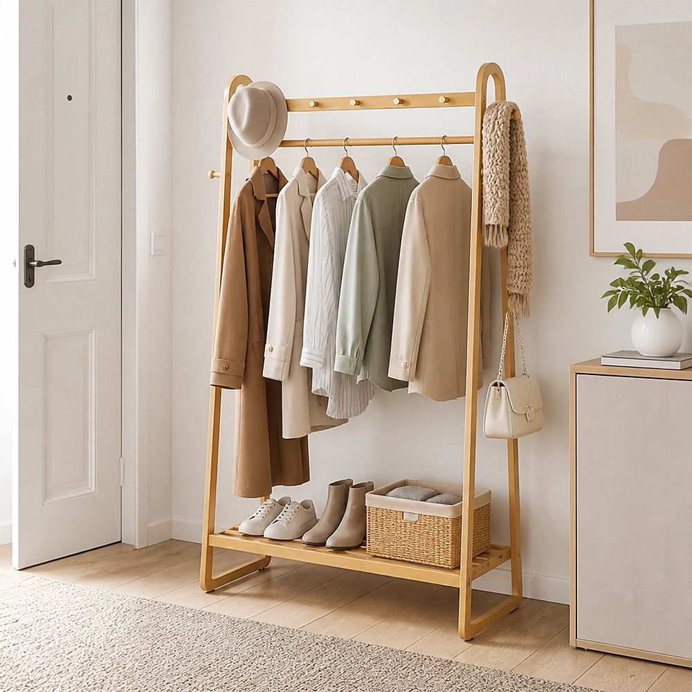 Wood 160x100cm Clothes Rack Slim Stylish Space Saving
