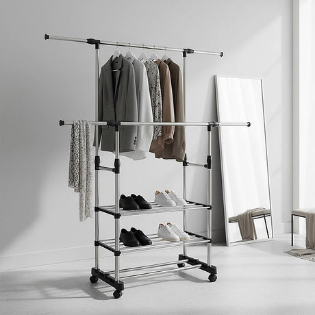 Heavy Duty Commercial Garment Rack Double Bar Rolling Collapsible Clothing Shelf