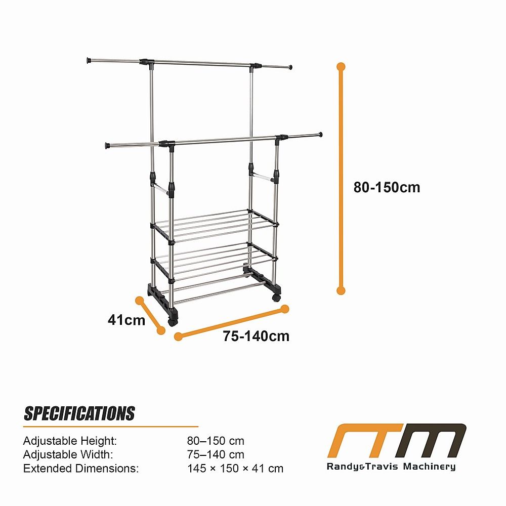 Heavy Duty Commercial Garment Rack Double Bar Rolling Collapsible Clothing Shelf