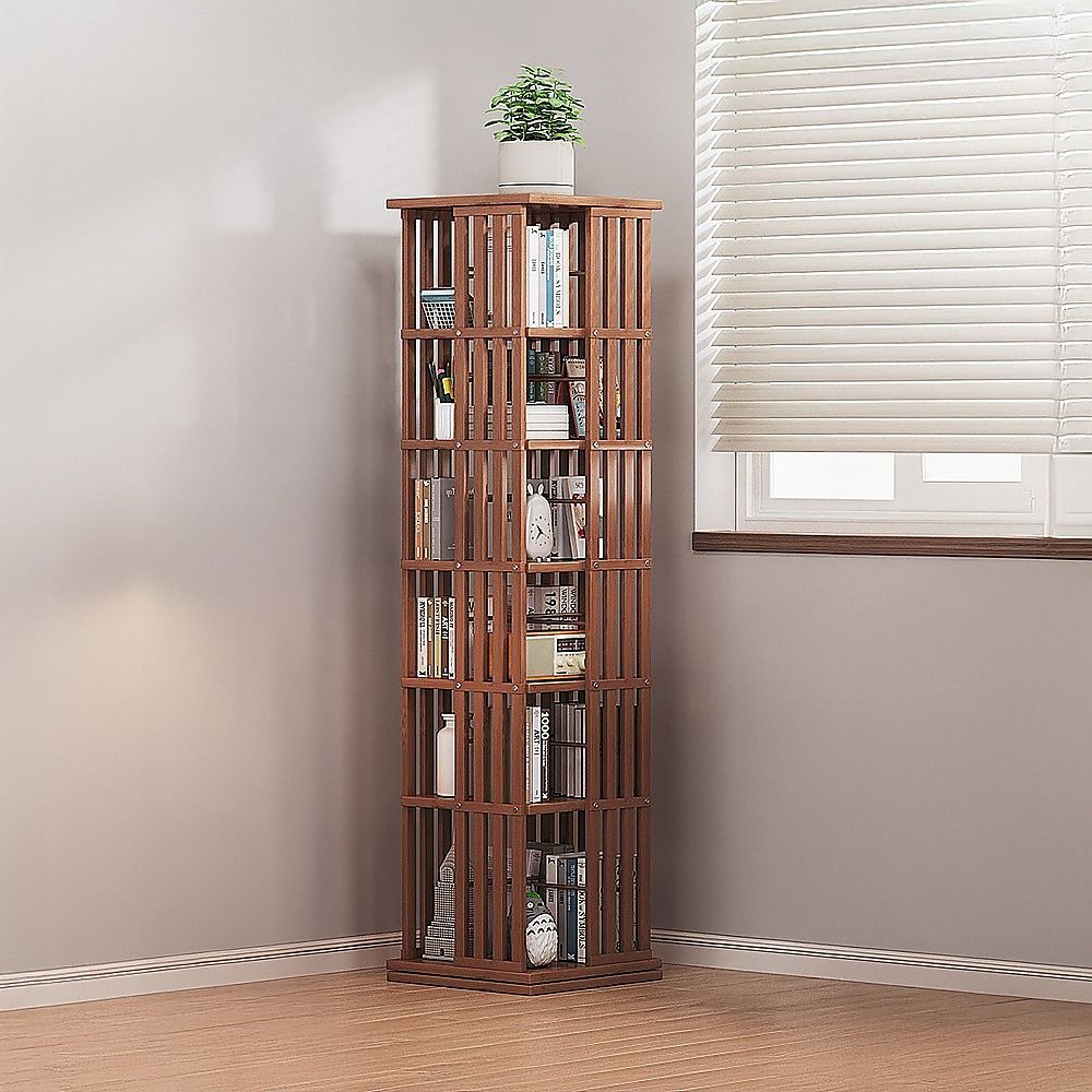 360 Rotating Bookshelf Bamboo Storage Display Rack Shelving in Dark Wood