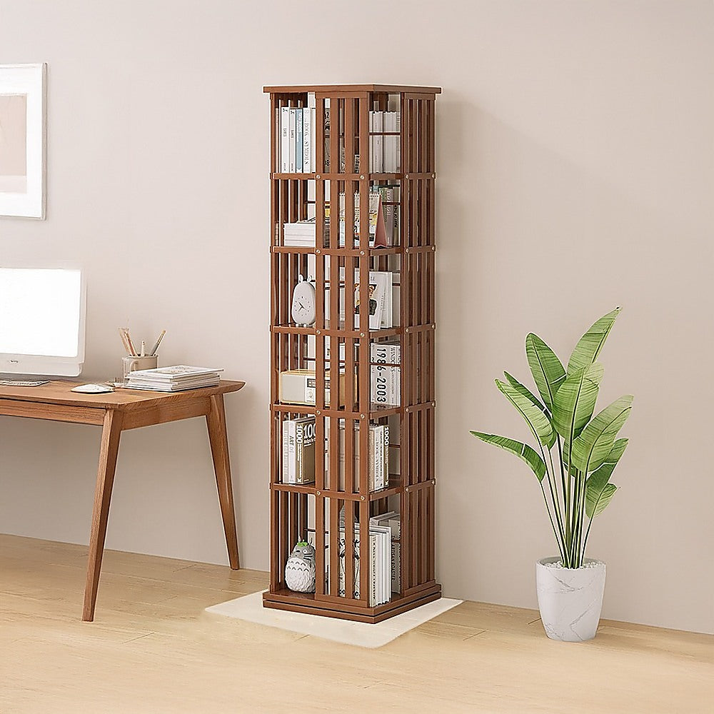 360 Rotating Bookshelf Bamboo Storage Display Rack Shelving in Dark Wood