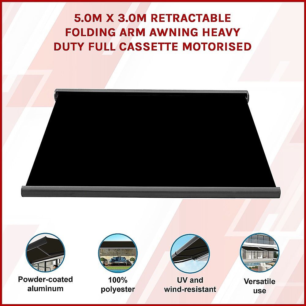 Motorised Retractable Awning – 5x3m Black Full Cassette Design