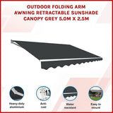 Outdoor Folding Arm Awning Retractable Sunshade Canopy Grey 5.0m x 2.5m