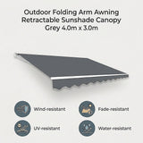 Outdoor Folding Arm Awning Retractable Sunshade Canopy Grey 4.0m x 3.0m