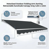 Motorised Outdoor Folding Arm Awning Retractable Sunshade Canopy Grey 4.0m x 2.5m