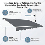 Motorised Outdoor Folding Arm Awning Retractable Sunshade Canopy Grey 5.0m x 2.5m