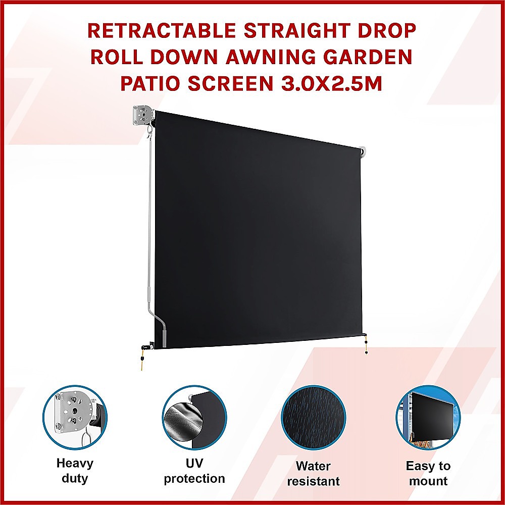 Retractable Straight Drop Roll Down Awning Garden Patio Screen 3.0X2.5M