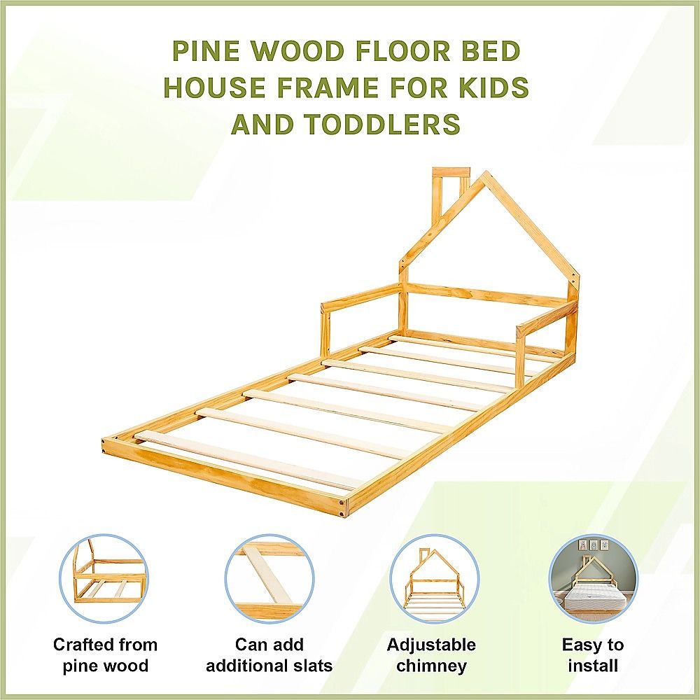 Pine Wood Floor Bed House Frame for Kids and Toddlers