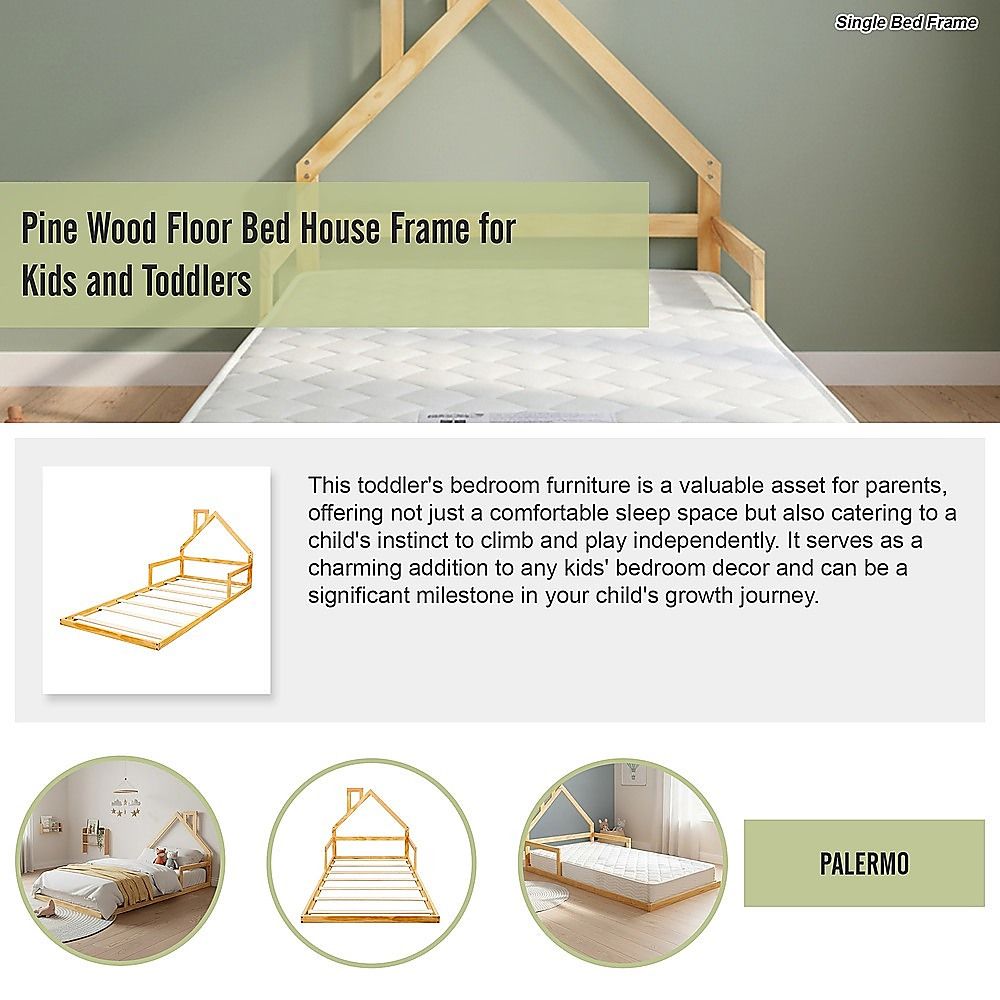 Pine Wood Floor Bed House Frame for Kids and Toddlers