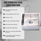 510x450mm Handmade 1.5mm 16 Gauge Stainless Steel Kitchen Laundry Sink with Waste