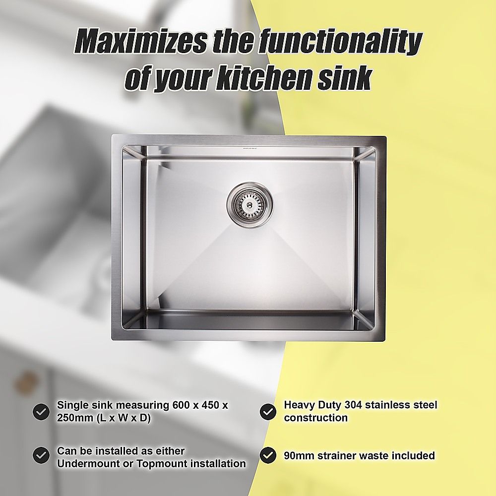 600x450mm Handmade 1.5mm 16 Gauge Stainless Steel Kitchen Laundry Sink with Waste