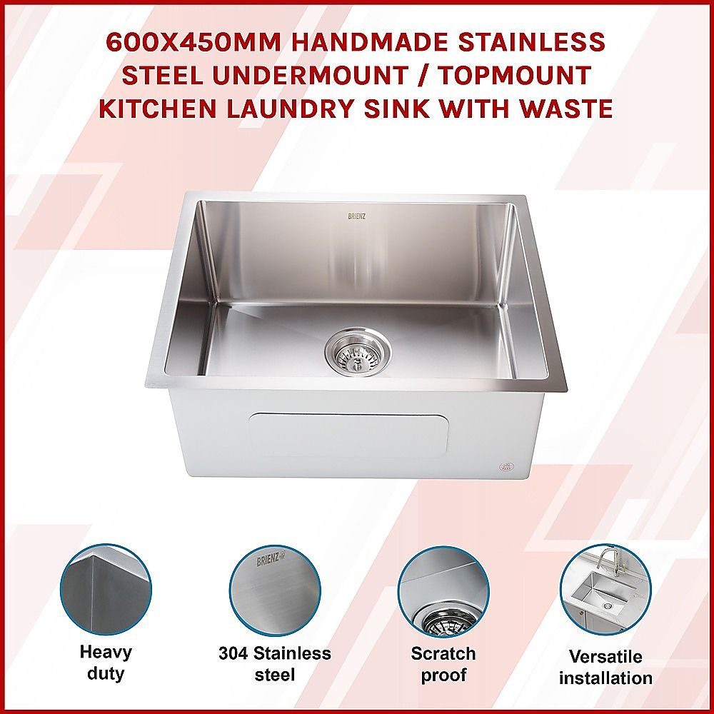 600x450mm Handmade 1.5mm 16 Gauge Stainless Steel Kitchen Laundry Sink with Waste