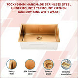 700x450mm Handmade Stainless Steel Undermount / Topmount Kitchen Laundry Sink with Waste