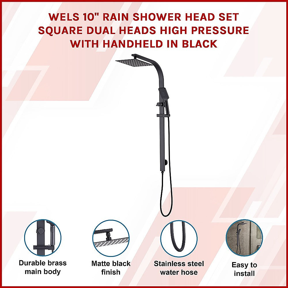 WELS 10" Rain Shower Head Set Square Dual Heads High Pressure with Handheld in Black