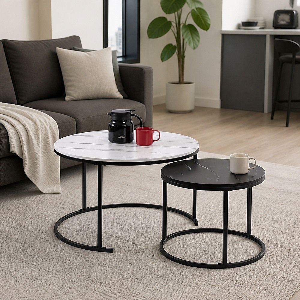Set of 2 Coffee Table Round Marble Nesting Side End Table Furniture