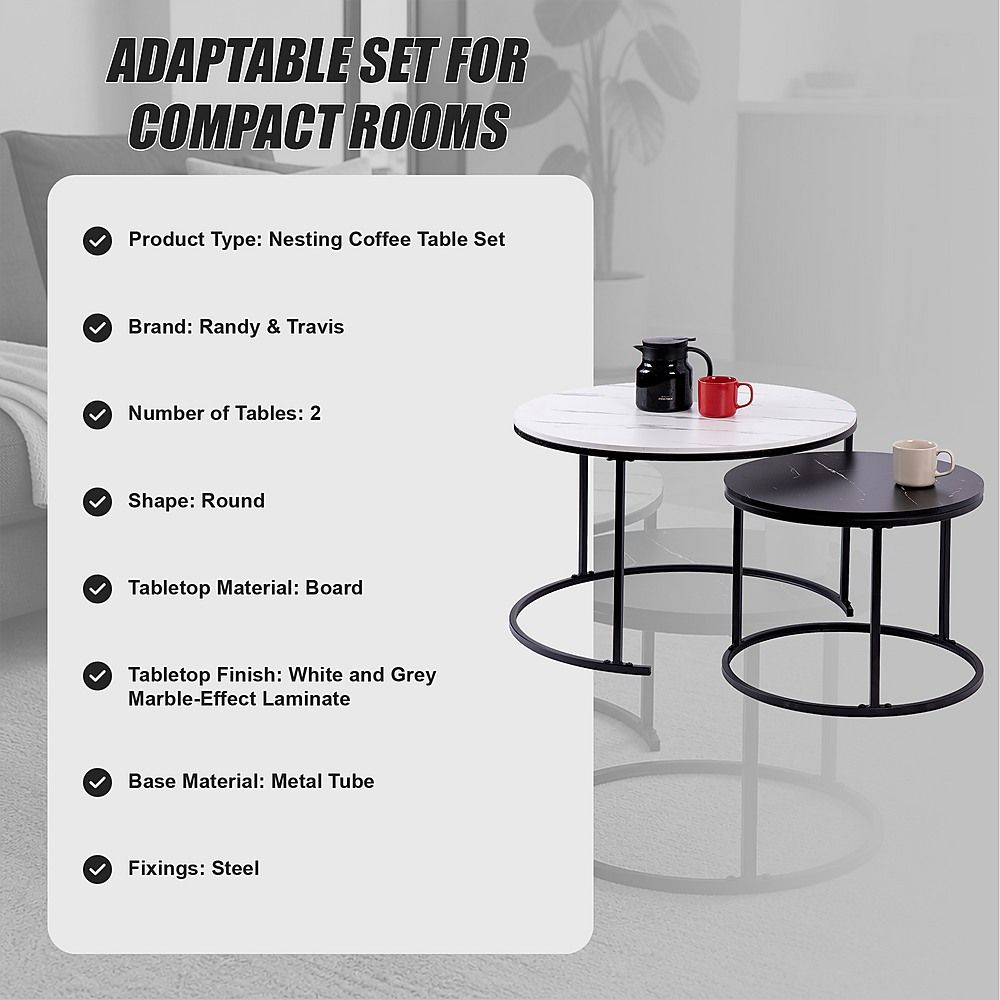 Set of 2 Coffee Table Round Marble Nesting Side End Table Furniture