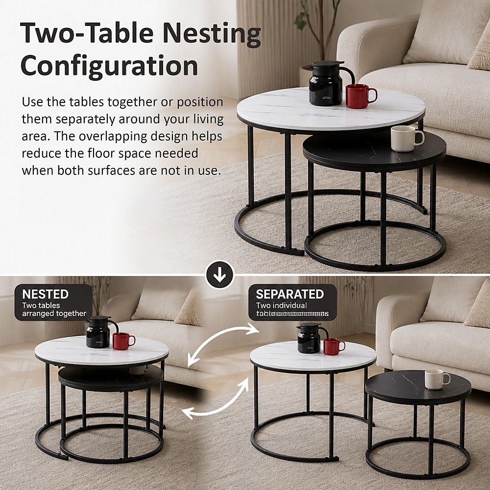 Set of 2 Coffee Table Round Marble Nesting Side End Table Furniture