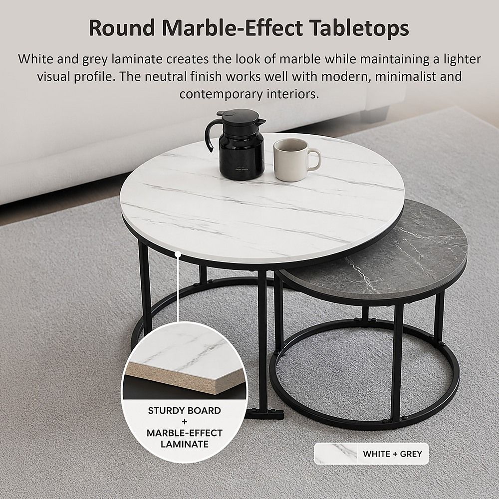 Set of 2 Coffee Table Round Marble Nesting Side End Table Furniture