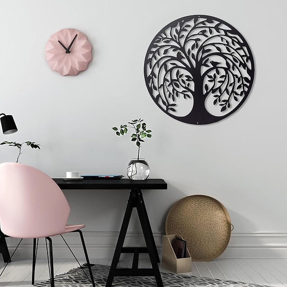 60cm Tree Of Life And Birds Round Metal Wall Garden Art Sculpture For Outdoor Decor