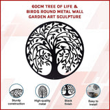 60cm Tree Of Life And Birds Round Metal Wall Garden Art Sculpture For Outdoor Decor