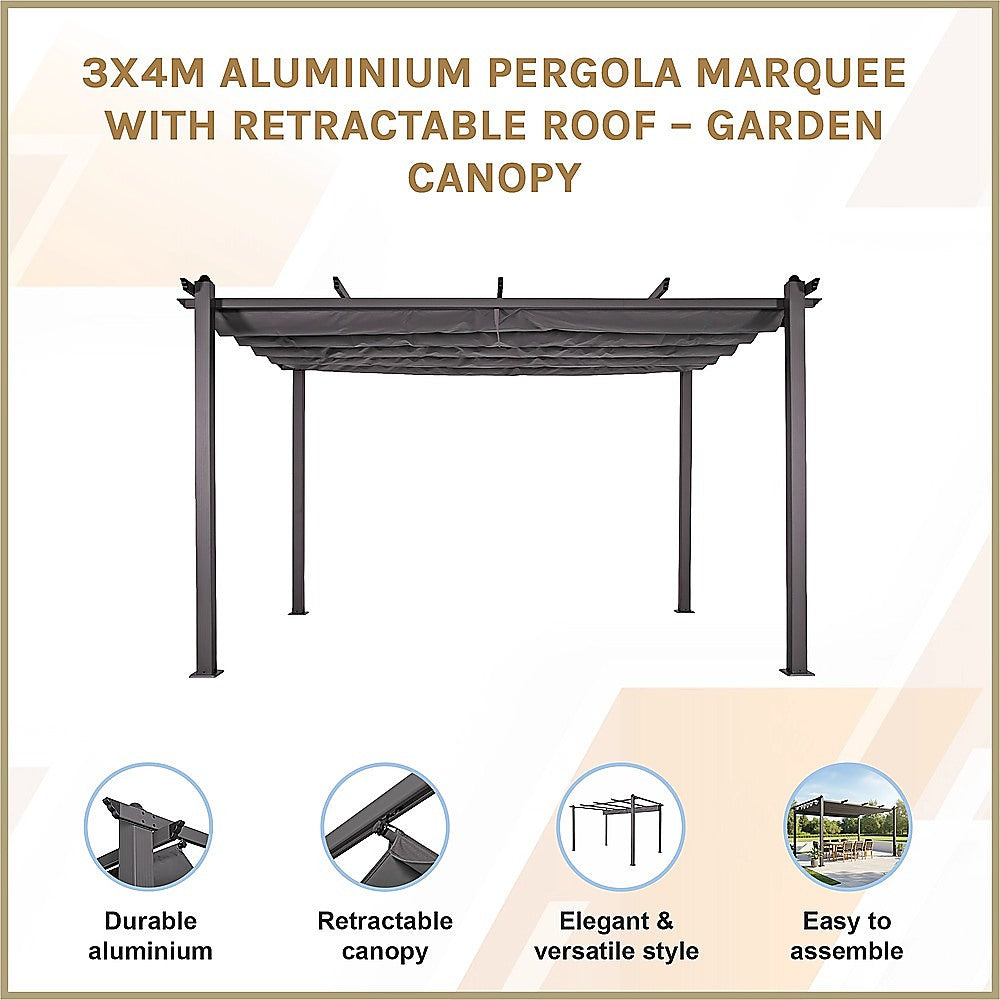3x4M Aluminium Pergola Marquee with Retractable Roof – Garden Canopy