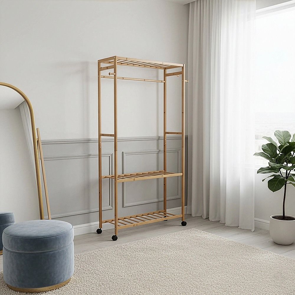 Wooden Clothes Rail with Shelves & Wheels – Open Wardrobe Rack Stand
