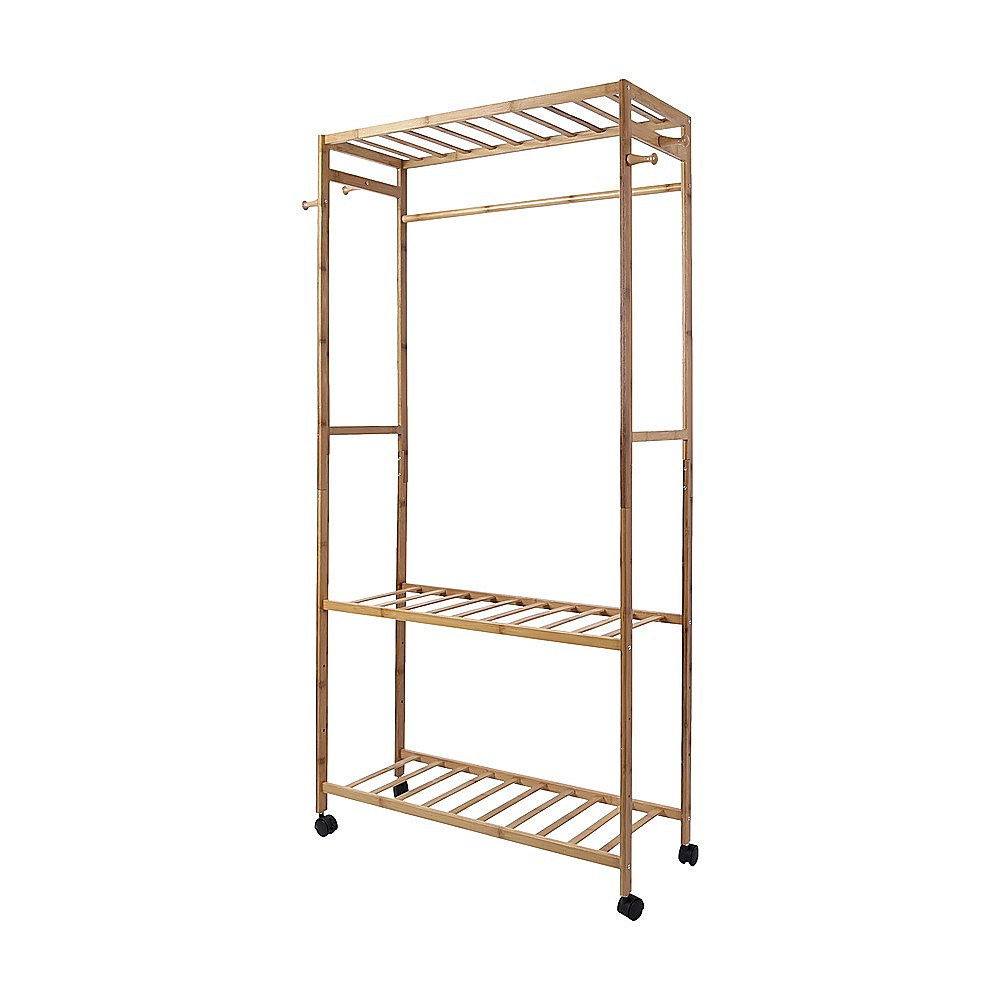 Wooden Clothes Rail with Shelves & Wheels – Open Wardrobe Rack Stand