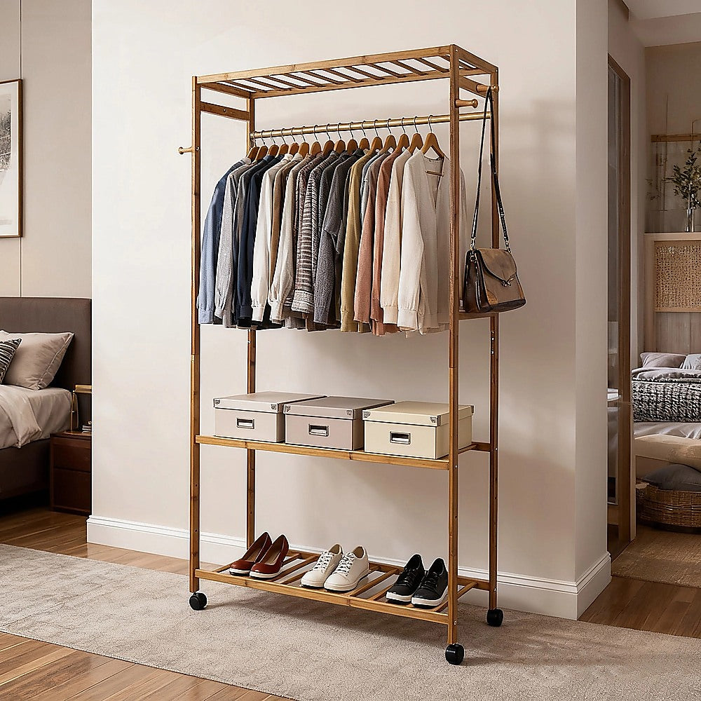 Wooden Clothes Rail with Shelves & Wheels – Open Wardrobe Rack Stand