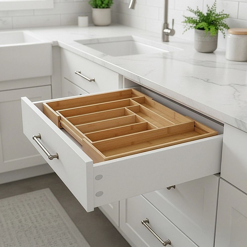 Extendable Cutlery Tray Drawer Organiser – 6 to 8 Compartment Kitchen Utensil Storage Solution