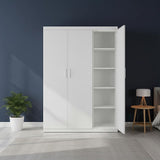 3 Door White Wardrobe – White Handles, Hanging Rail & Shelves