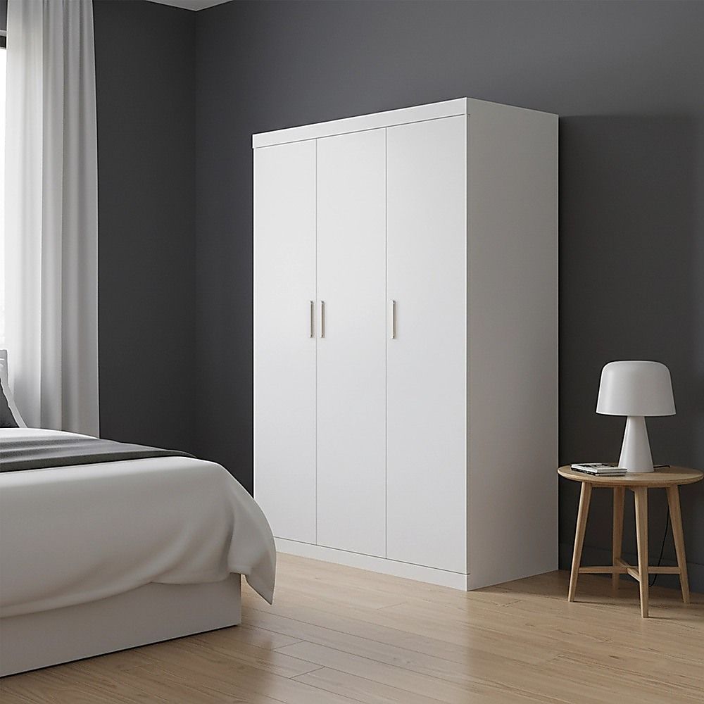 3 Door White Wardrobe – White Handles, Hanging Rail & Shelves