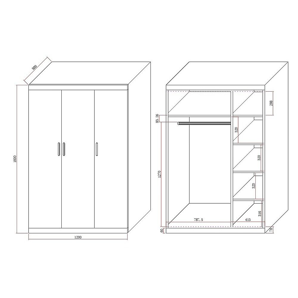 3 Door White Wardrobe – Black Handles, Hanging Rail & Shelves