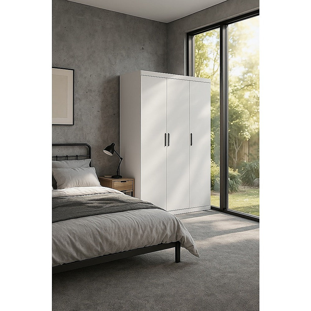 3 Door White Wardrobe – Black Handles, Hanging Rail & Shelves