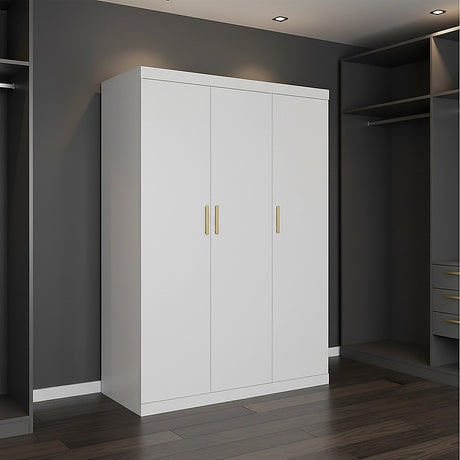 3 Door White Wardrobe – Gold Handles, Hanging Rail & Shelves