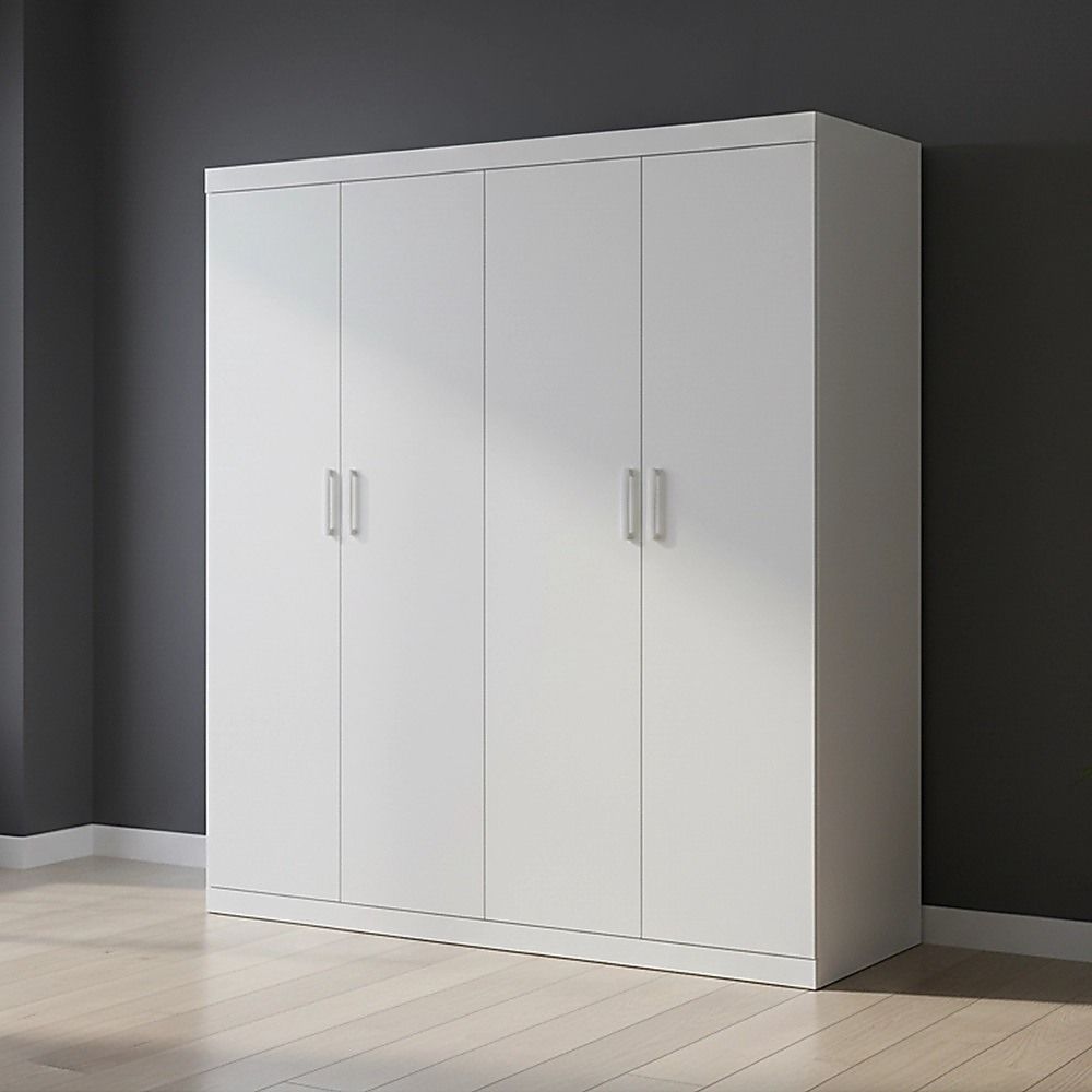 4 Door White Wardrobe Cabinet – Hanging Rail, Shelves & White Handles