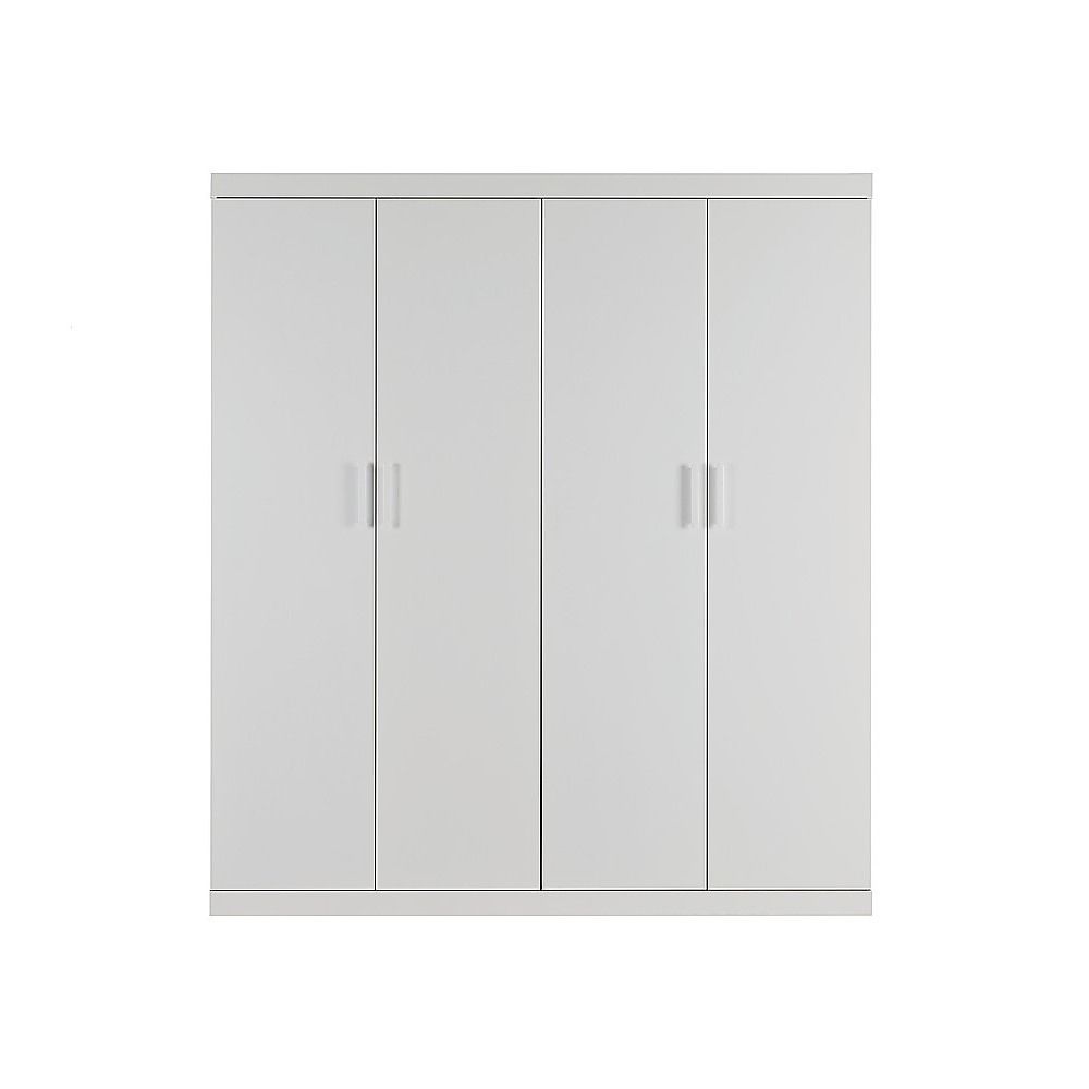 4 Door White Wardrobe Cabinet – Hanging Rail, Shelves & White Handles