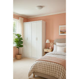 4 Door White Wardrobe Cabinet – Hanging Rail, Shelves & White Handles