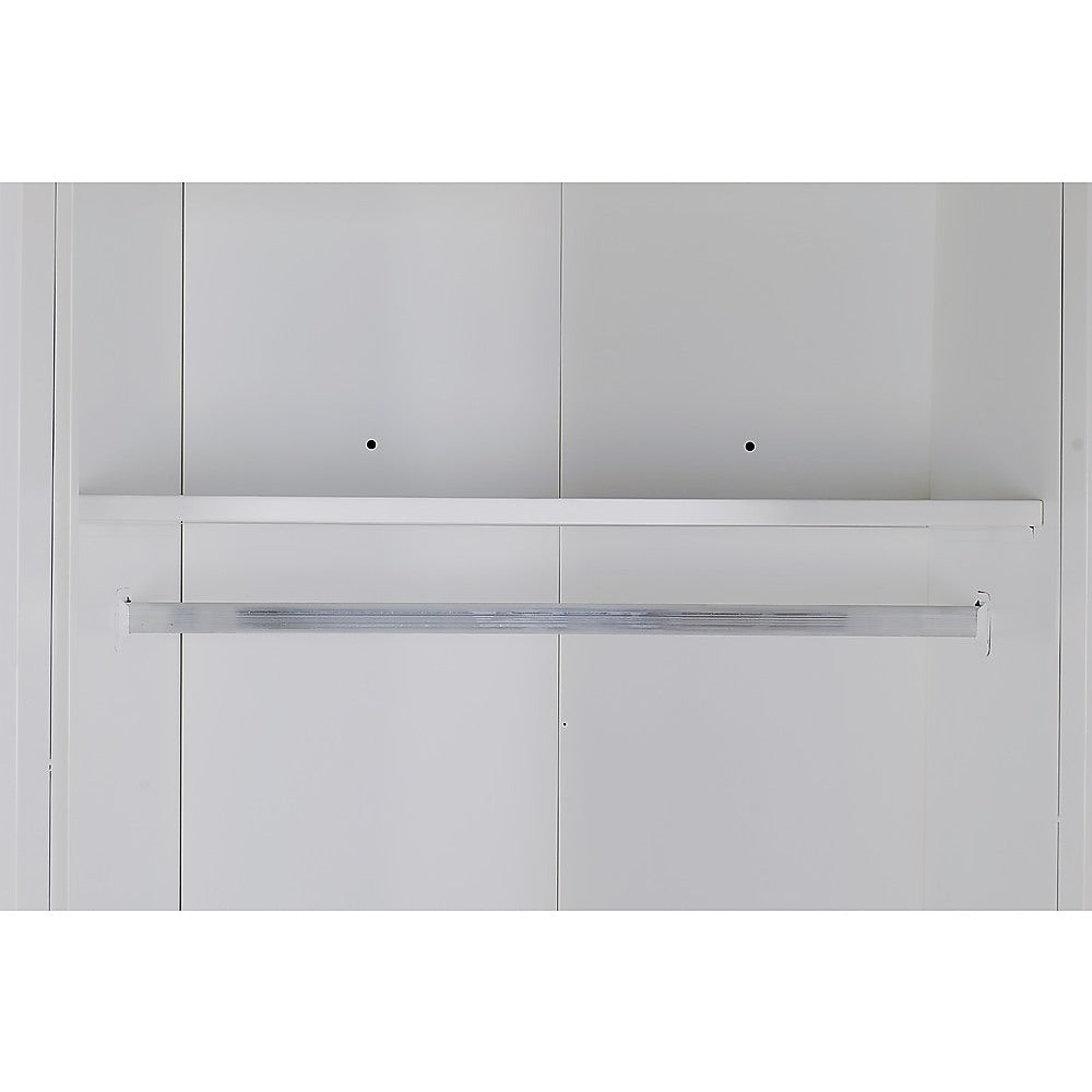 4 Door White Wardrobe Cabinet – Hanging Rail, Shelves & White Handles