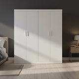 4 Door White Wardrobe Cabinet – Hanging Rail, Shelves & White Handles