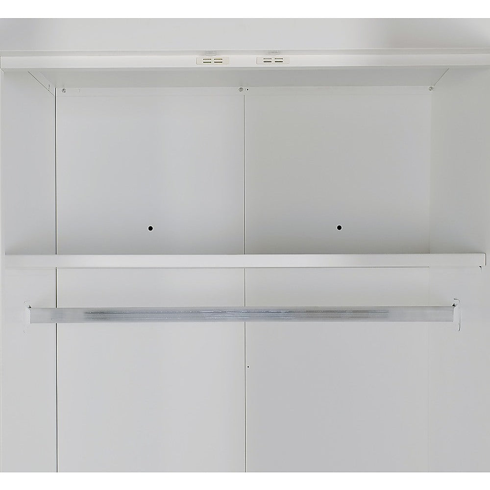 4 Door White Wardrobe Cabinet – Hanging Rail, Shelves & Black Handles