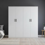 4 Door White Wardrobe Cabinet – Hanging Rail, Shelves & Black Handles