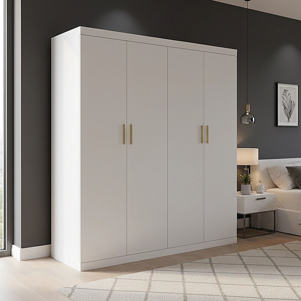 4 Door White Wardrobe Cabinet – Hanging Rail, Shelves & Gold Handles
