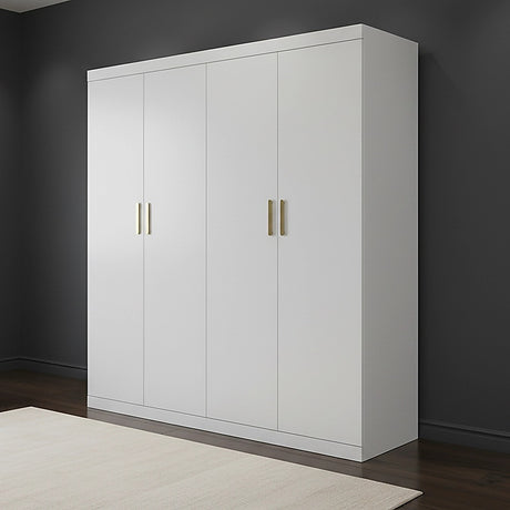 4 Door White Wardrobe Cabinet – Hanging Rail, Shelves & Gold Handles