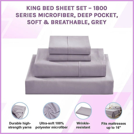 King Bed Sheet Set – 1800 Series Microfiber, Deep Pocket, Soft & Breathable, Grey